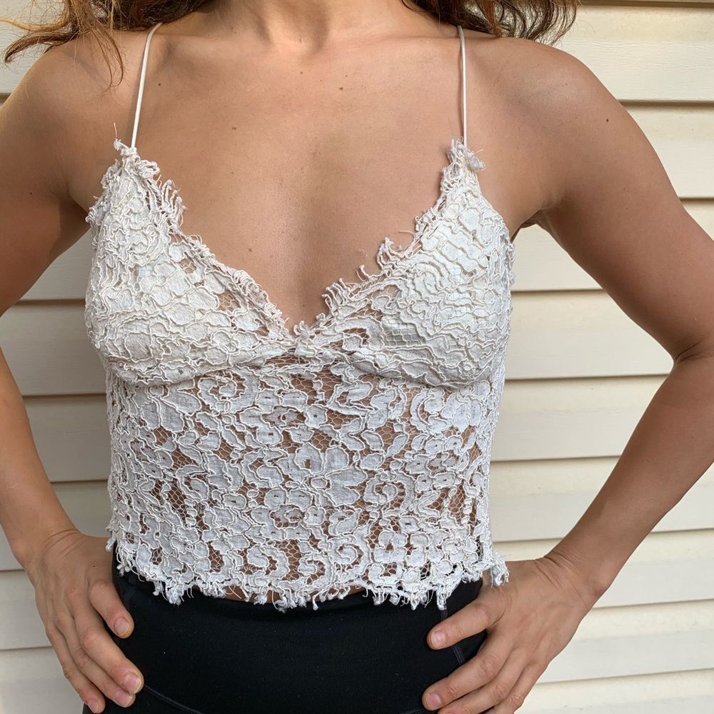 Zara white lace top, side zipper, thin straps, size XS